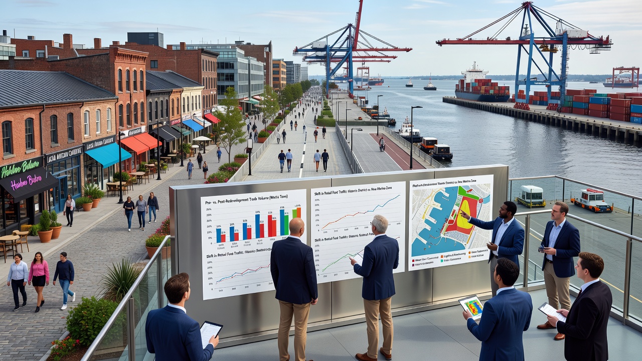 Street-level view of shops and cafes lining a revitalized harbor promenade with pedestrians walking along the water